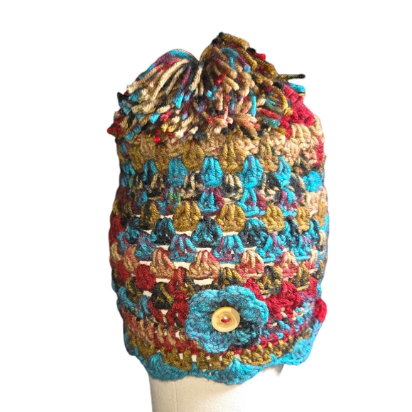 Hand Crafted Red, Gold & Turquoise Flower Accented Pom-Pom Beanie Hat ONE SIZE - Picture 3 of 7